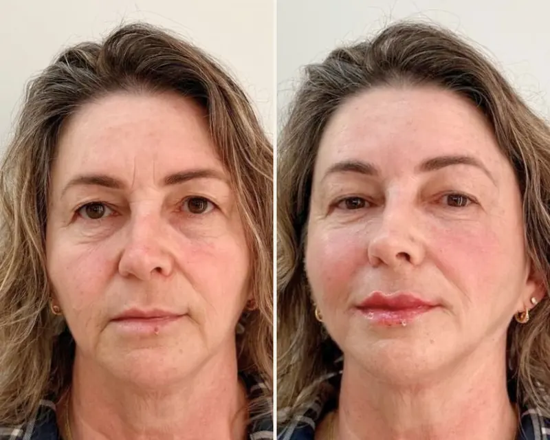 Antes e depois do HarmôFace de frente: rugas suavizadas